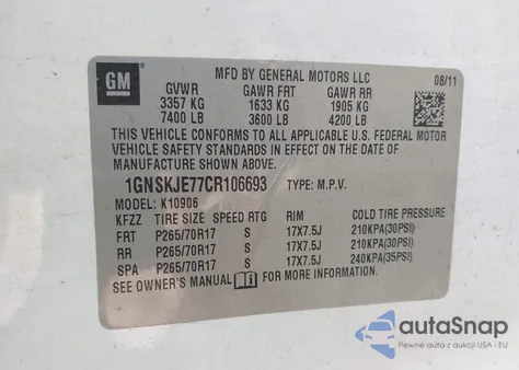 2012 Chevrolet Suburban 1500 Lt z USA, uszkodzony, nr VIN 1GNSKJE77CR106693